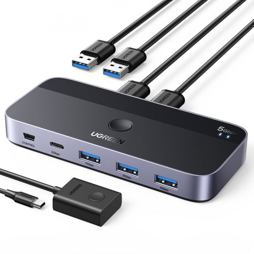 Switch USB 3.0 la 3x USB-A, 1x USB-C, 1x Mini USB-B, Telecomanda Inclusa, Ugreen CM662, Negru