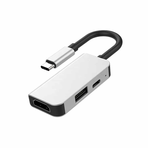 Adaptor Multiport Hub 3 in 1 USB Type-C la HDMI 4K @30Hz, USB, USB-C PD 45W, Basekit USH105, Silver