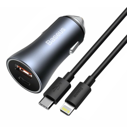 Baseus TZCCJD-B0G Set Incarcator Auto Golden Pro, Fast Charge, USB-C 20W, USB-A 20W, Cablu USB-C - Lightning, Space Gray