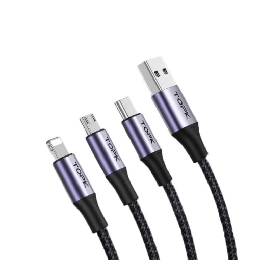 Cablu de date 3 in 1 TopK AS10, USB la iPhone Lightning, Micro-USB, Type-C, Quick Charging, 3A, 1m, Negru