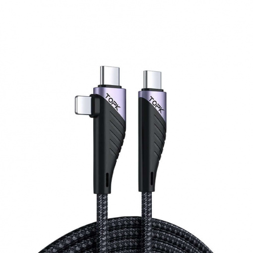 Cablu de date TopK AN74D 2 in 1, USB Type-C la USB Type-C si iPhone Lightning, 3A, 1m, Negru