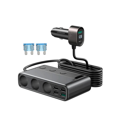 Incarcator Auto 9 in 1, Joyroom JR-CL06, 5x USB-A, 1x USB-C, 3x Iesire Bricheta Auto, PD, QC, PPS, 154W, Cablu 1m, Negru