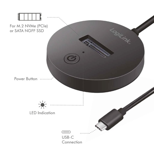 ADAPTOR USB LOGILINK, M.2 NVMe (PCIe) / SATA (NGFF) la USB 3.2 Gen 2, viteza max 10 Gb/s, negru "QP0032"