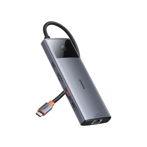 Hub Multiport 10 in 1, Baseus Metal Gleam, USB-C la 1x USB-A 3.2, 2x USB-A 2.0, 1x USB-C PD 100W, 1x USB-C 3.2, 1x HDMI 8k@30Hz/4k@120Hz, Gri