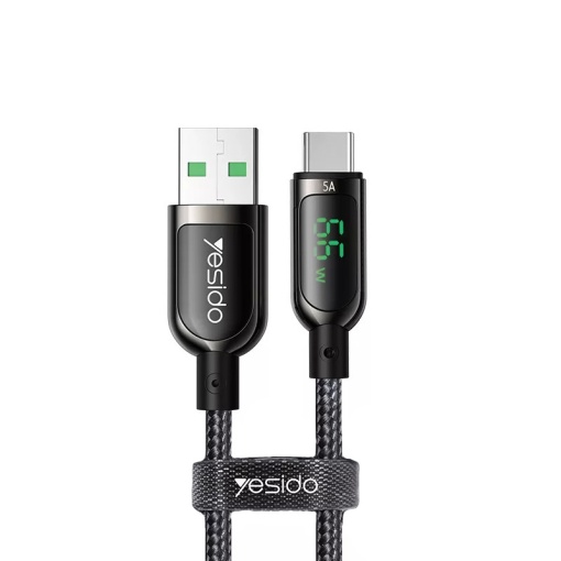Cablu de Date USB la USB-C, Yesido CA85, Display Digital, Nylon Mesh, 1.2 Metri, Negru
