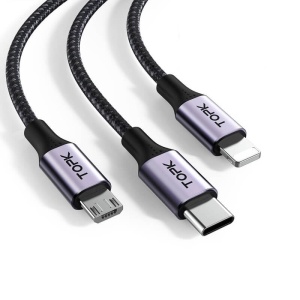 Cablu de date 3 in 1 TopK AS10, USB la iPhone Lightning, Micro-USB, Type-C, Quick Charging, 3A, 1m, Negru - Img 6