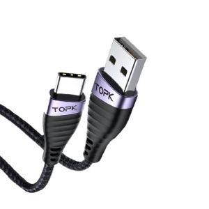 Cablu de Date TopK AN15, USB la USB Type-C, 60W, Negru, 1/2 m