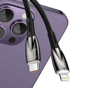 Cablu de Date USB Type-C la Lightning, Baseus, 480 Mbps, Power Delivery 20W, Mesh Nylon, 2m, Negru - Img 2