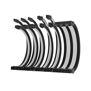Set Prelungire Cabluri Sursa ATX, Asiahorse, 1x 24 Pini ATX, 3x 6+2 Pini GPU, 2x 4+4 Pini CPU, Mesh Textil, 18AWG, Negru + Alb, 30cm - Img 1