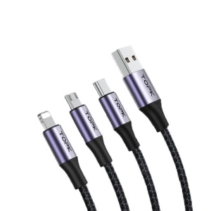 Cablu de date 3 in 1 TopK AS10, USB la iPhone Lightning, Micro-USB, Type-C, Quick Charging, 3A, 1m, Negru