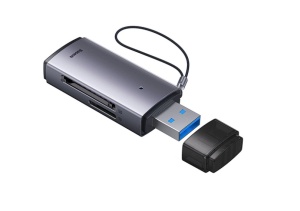 CARD READER extern Baseus Lite, interfata USB 3.0, citeste/scrie: SD, microSD viteza pana la 480Mbps,  suporta carduri maxim 512 GB, metalic, gri "WKQX060013"  - 6932172608194 - 1