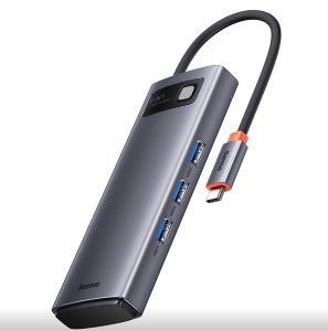 DOCKING Station Baseus Metal Gleam, conectare PC USB Type-C, USB 3.0 x 3, USB Type C x 1 PD 20V/5A, card reader SD/microSD, gri "WKWG030213"  - 6932172608231 - 2