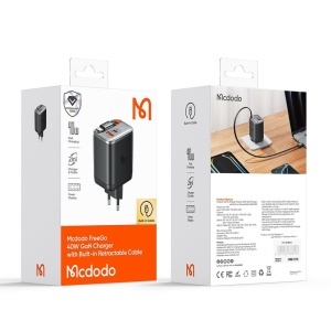 Incarcator Retea, McDodo 4281, 1x USB-C Retractabil, 1x USB-C, 1x USB-A, Fast Charge, Display Digital, 40W, Negru - Img 5