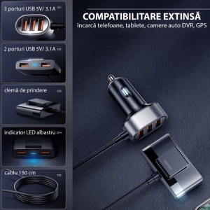 JoyRoom JR-CL03 Incarcator Auto 30W, 3x USB-A + Hub 2x USB-A, 5V 6.2A, Cablu 1.5m, Negru - Img 3