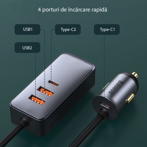 Baseus CCBT-A0G Incarcator Auto 120W Hub Extension, Fast Charge, 2x USB-C 30W, 2x USB-A 30W, Cablu 1.5m, Negru - Img 4