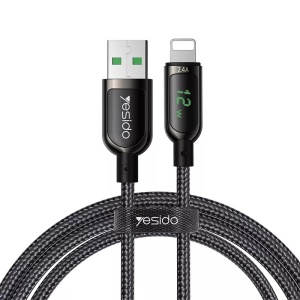 Cablu de Date USB la Lightning, Yesido CA84, Display Digital, Nylon Mesh, 1.2 Metri, Negru
