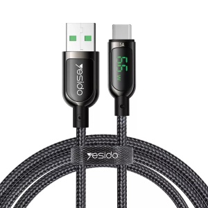 Cablu de Date USB la USB-C, Yesido CA85, Display Digital, Nylon Mesh, 1.2 Metri, Negru