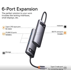 DOCKING Station Baseus Metal Gleam, conectare PC USB Type-C, USB 3.0 x 3, USB Type C x 1 PD 20V/5A, card reader SD/microSD, gri "WKWG030213"  - 6932172608231 - 3