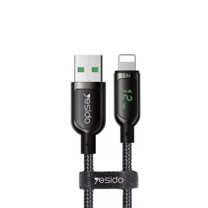 Cablu de Date USB la Lightning, Yesido CA84, Display Digital, Nylon Mesh, 1.2 Metri, Negru - Img 2