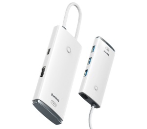 DOCKING Station Baseus Lite, conectare PC USB Type-C, USB 3.0 x 3, USB Type C x 1 PD 20V/5A, HDMI x 1/4K/30Hz, alb "WKQX040002" - 6932172606312