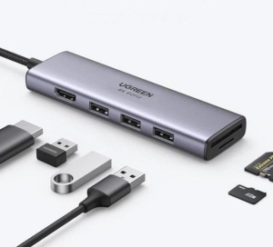DOCKING Station Ugreen, "CM511" conectare PC USB Type-C, USB 3.0 x 3|HDMI x 1/4K/60Hz|Card reader x 1, aluminiu, gri "60383"  - 6957303863839 - 2