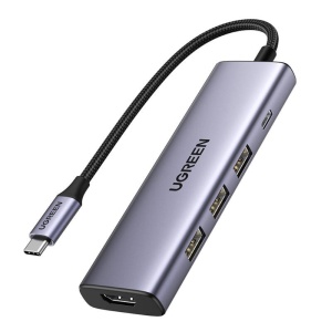 Hub Multiport 5 in 1, Ugreen 15596, USB-C la 3 x USB-A 3.0, 1x HDMI 4K, 1x USB-C PD100W, Argintiu