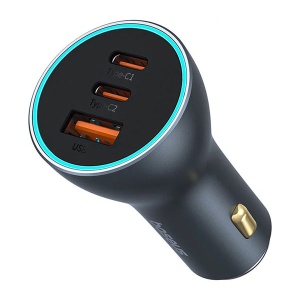 Incarcator Auto 2x USB-C, 1x USB-A, 5V 4.8A, 65W, Baseus Golden Catactor, Iluminare LED, Gray