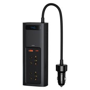 Baseus CRNBQ-A01 Invertor Auto 12V la 2x AC 220V 150W, USB-C 30W, USB-A 30W, Cablu 40 cm, Negru