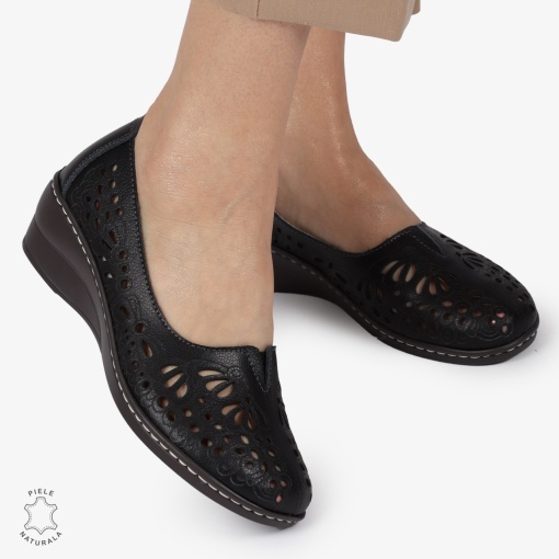 BALERINI dama din Piele naturala PERFORATA SLIP-ON CU TOC MIC LF1362 NEGRU - Img 3