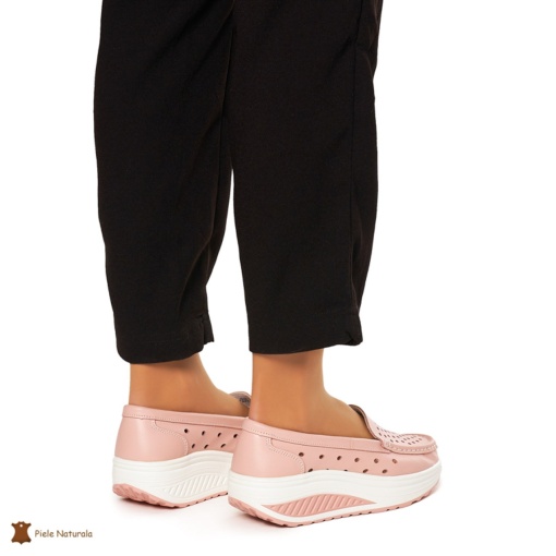 Mocasini Dama Piele Naturala perforati cu talpa groasa LF0079 ROZ - Img 3