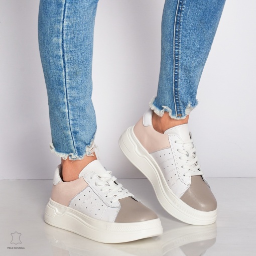 Pantofi Casual dama din Piele naturala cu talpa groasa Multicolor LF0040ALB CU ROZ - Img 2
