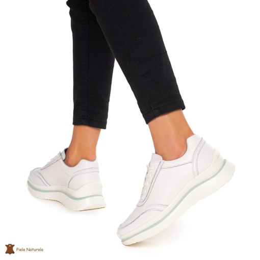 Pantofi casual dama din Piele naturală LF1325 ALB CU ALBASTRU - Img 2