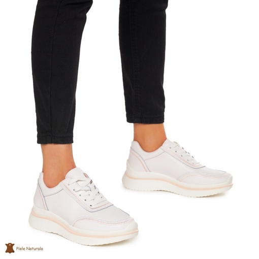 Pantofi casual dama din Piele naturală LF1325 ALB CU ROZ - Img 2