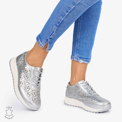 Pantofi casual dama din Piele Naturala Perforati cu model LF0714 ARGINTIU - Img 2