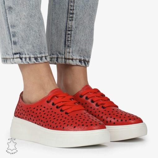 Pantofi Casual dama din Piele naturala PERFORATI USORI CU SIRET LF1341 ROSU - Img 3