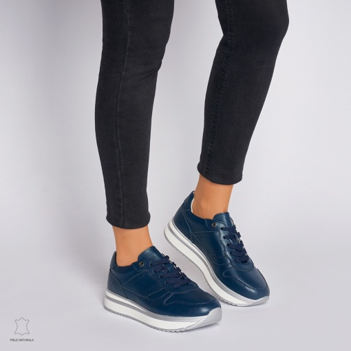 Pantofi casual de dama din piele naturala cu talpa groasa LF0001 Bleumarin - Img 2