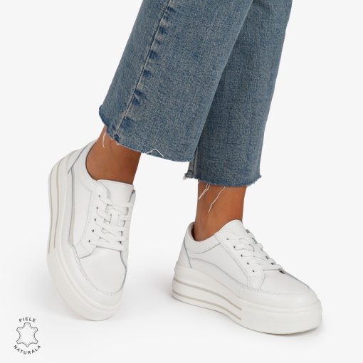 Pantofi Casual de dama din Piele Naturala cu talpa inalta si Dungi LF1203 Alb - Img 3