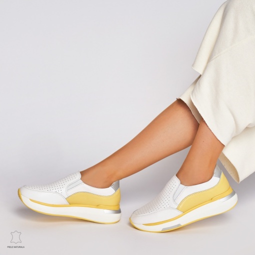 Pantofi casual de dama din piele naturala cu talpa platforma LF0015 Alb cu galben - Img 3