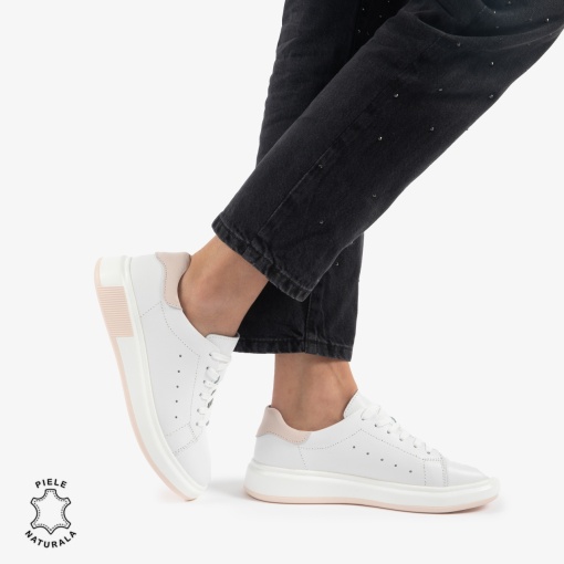 PANTOFI CASUAL DE DAMA DIN PIELE NATURALA LF0770 ALB CU ROZ - Img 4