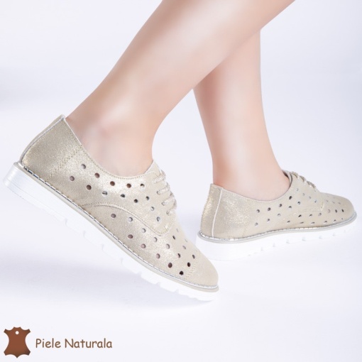 Pantofi Casual de dama perforati din Piele Naturala cu talpa joasa LF0166 AURIU - Img 2