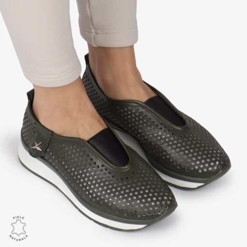 Pantofi Perforati Dama Piele naturală LF0098 VERDE INCHIS - Img 2