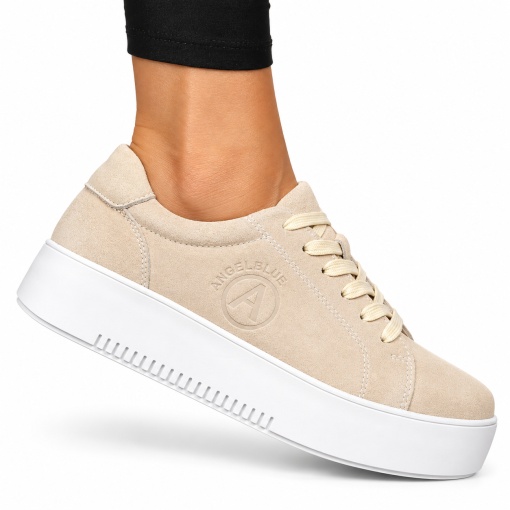 Pantofii casual din piele naturala INTOARSA CU SIRET LF1455 BEJ - Img 2