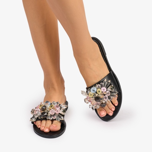 PAPUCI dama din Piele ECOLOGICA cu pietre cristaline colorate LF1081 CULOARE: Negru - Img 2
