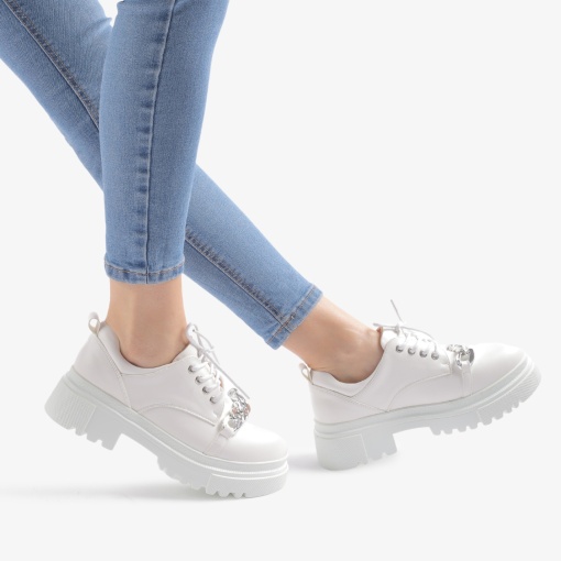 SNEAKERS dama din Piele Ecologica Lacuita cu Accesoriu Argintiu LF0718 ALB - Img 2