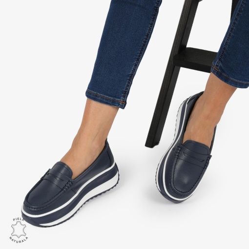 MOCASINI DAMA PIELE NATURALA cu talpa inalta si cusatura laterala LF1276 NAVY - Img 2