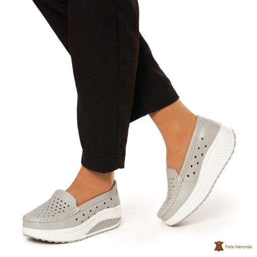 Mocasini Dama Piele Naturala perforati cu talpa groasa LF0079 GRI - Img 3