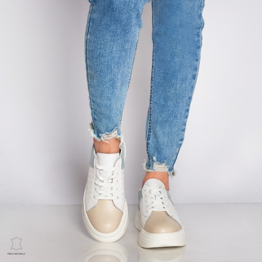 Pantofi Casual dama din Piele naturala cu talpa groasa Multicolor LF0040ALB CU ALBASTRU - Img 2