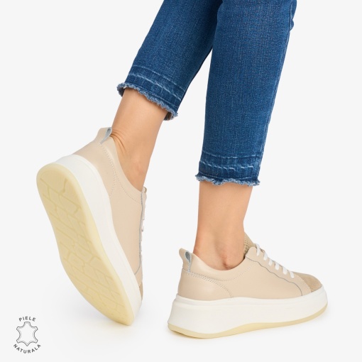 Pantofi Casual DAMA din PIELE Naturala LF0947 CULOARE: BEJ SI AURIU - Img 3