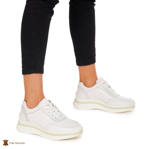 Pantofi casual dama din Piele naturală LF1325 ALB CU VERDE - Img 2