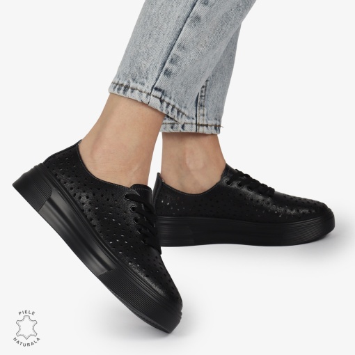 Pantofi Casual dama din Piele naturala PERFORATCU SIRET LF1341 NEGRU - Img 2